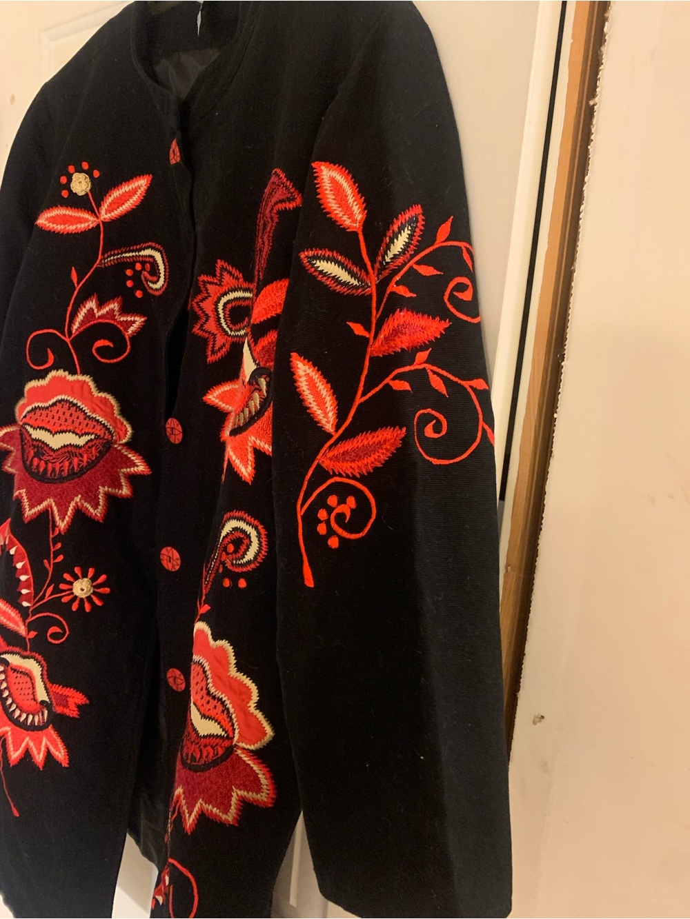 Indigo Black Trench Coat with Red & Orange Floral Embroidery - Picture 3 of 6
